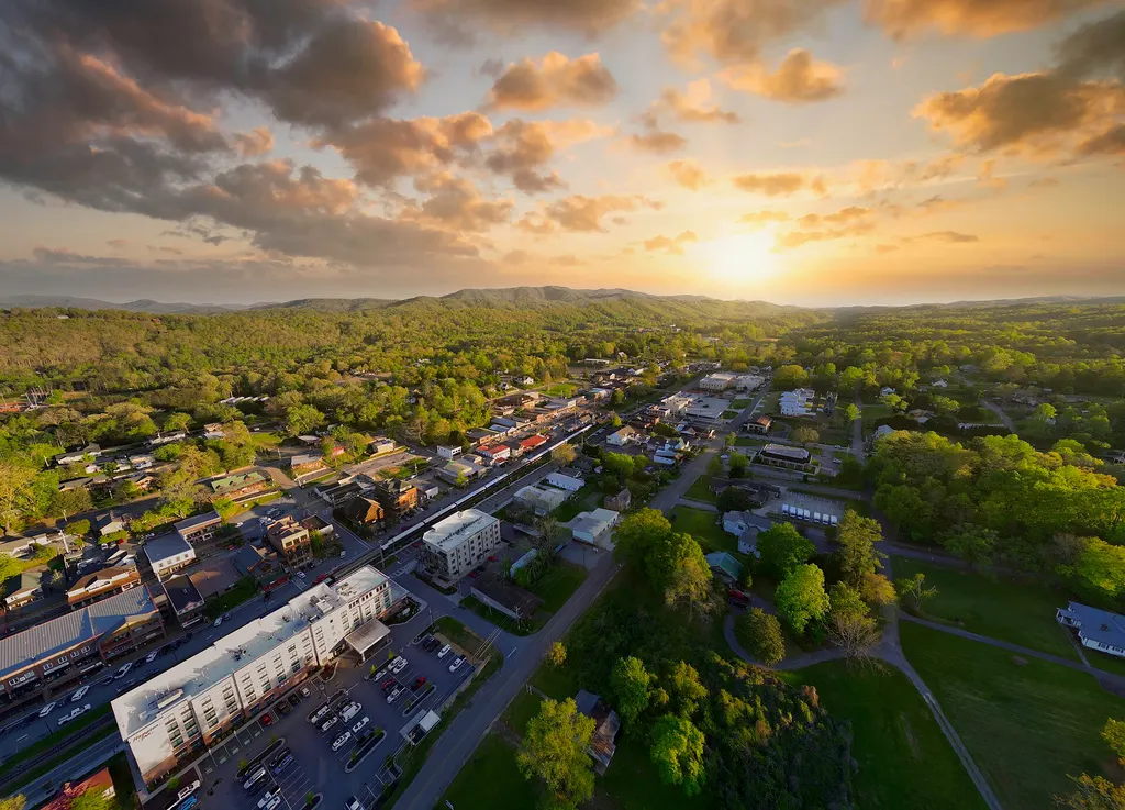 Downtown Blue Ridge from the air at sunset