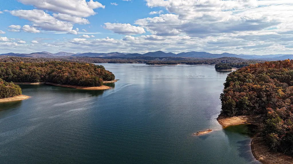 Lake Blue Ridge from above, wooded points and the mountains beyond